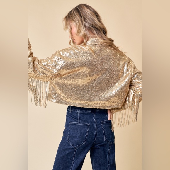 NWT!! GOLD CROPPED SEQUINS FRINGE FESTIVAL AND CONCERT JACKET - Picture 4 of 6